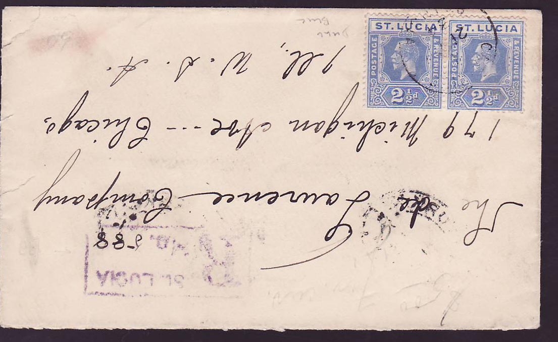 Cover St Lucia Lucie franked with 2*2 1/2d GV issue for Chicago USA dated 1934
