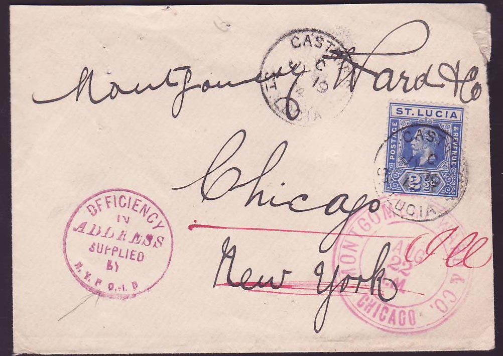 Cover St Lucia Lucie franked with 2 1/2d GV issue for Chicago USA dated 14