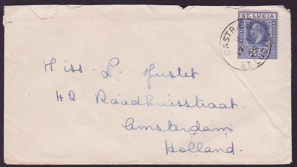 Cover St Lucia Lucie franked with 2 1/2d GV issue for Amsterdam Holland