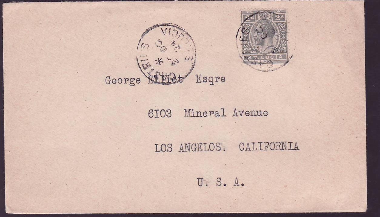 Cover St Lucia Lucie franked with 2 d GV issue for Los Angeles USA can Castries OC 24