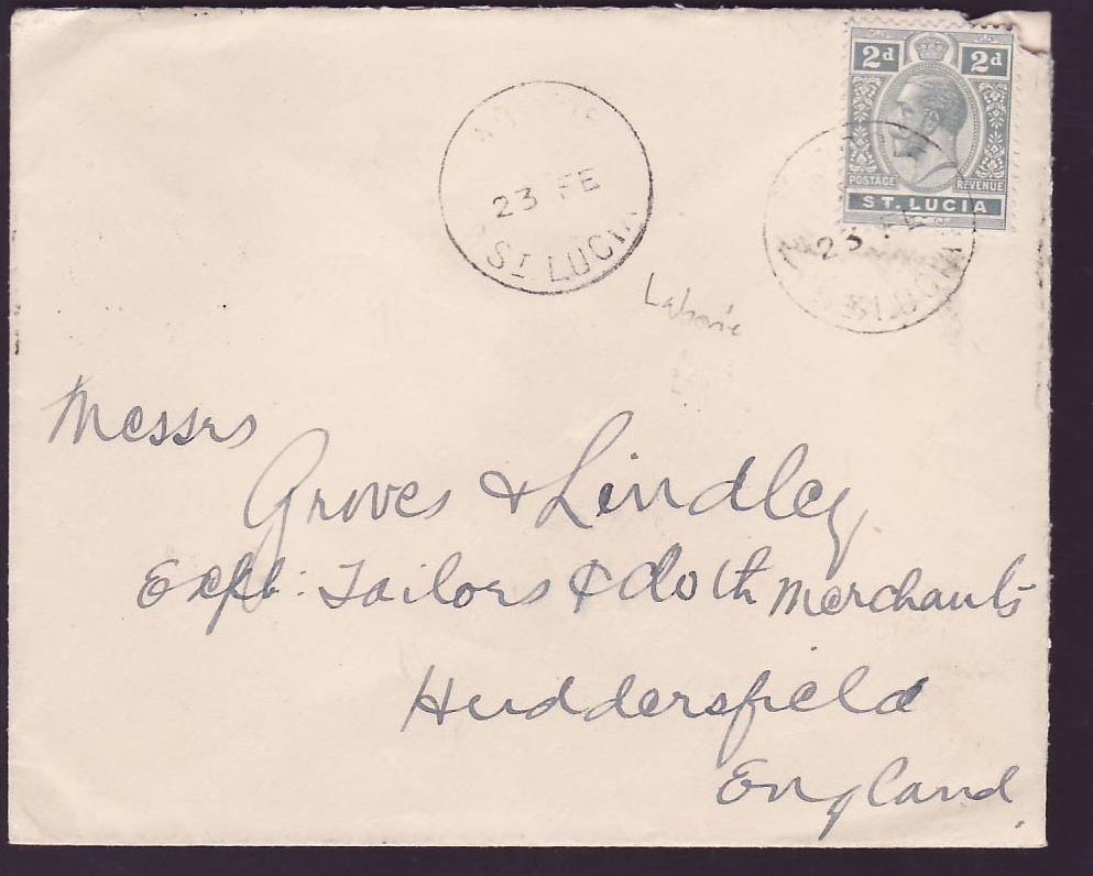 Cover St Lucia Lucie franked with 2 d GV issue with rare Laborie canc FE 34