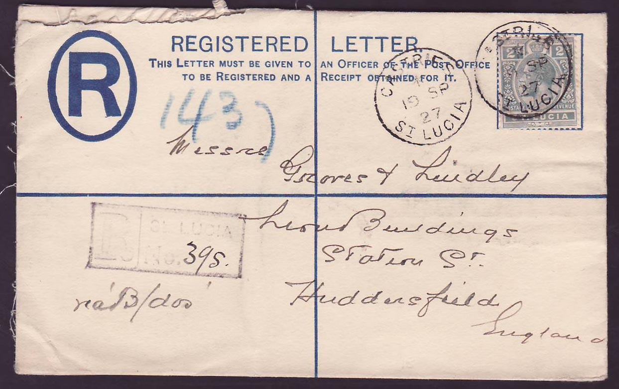 Registered Cover St Lucia Lucie franked 2p canc Castries SEP 27 for Huddenfield England