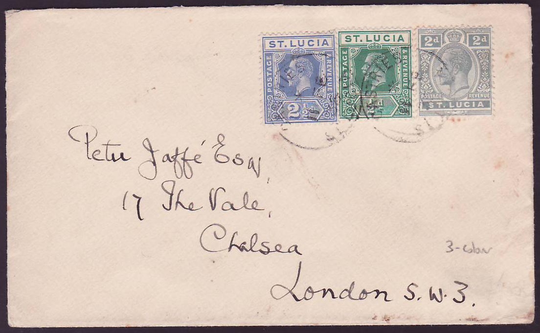 Cover St Lucia Lucie franked with 3 color franking 1/2d + 2d + 2 1/2d for Chelsea London dated FE 35