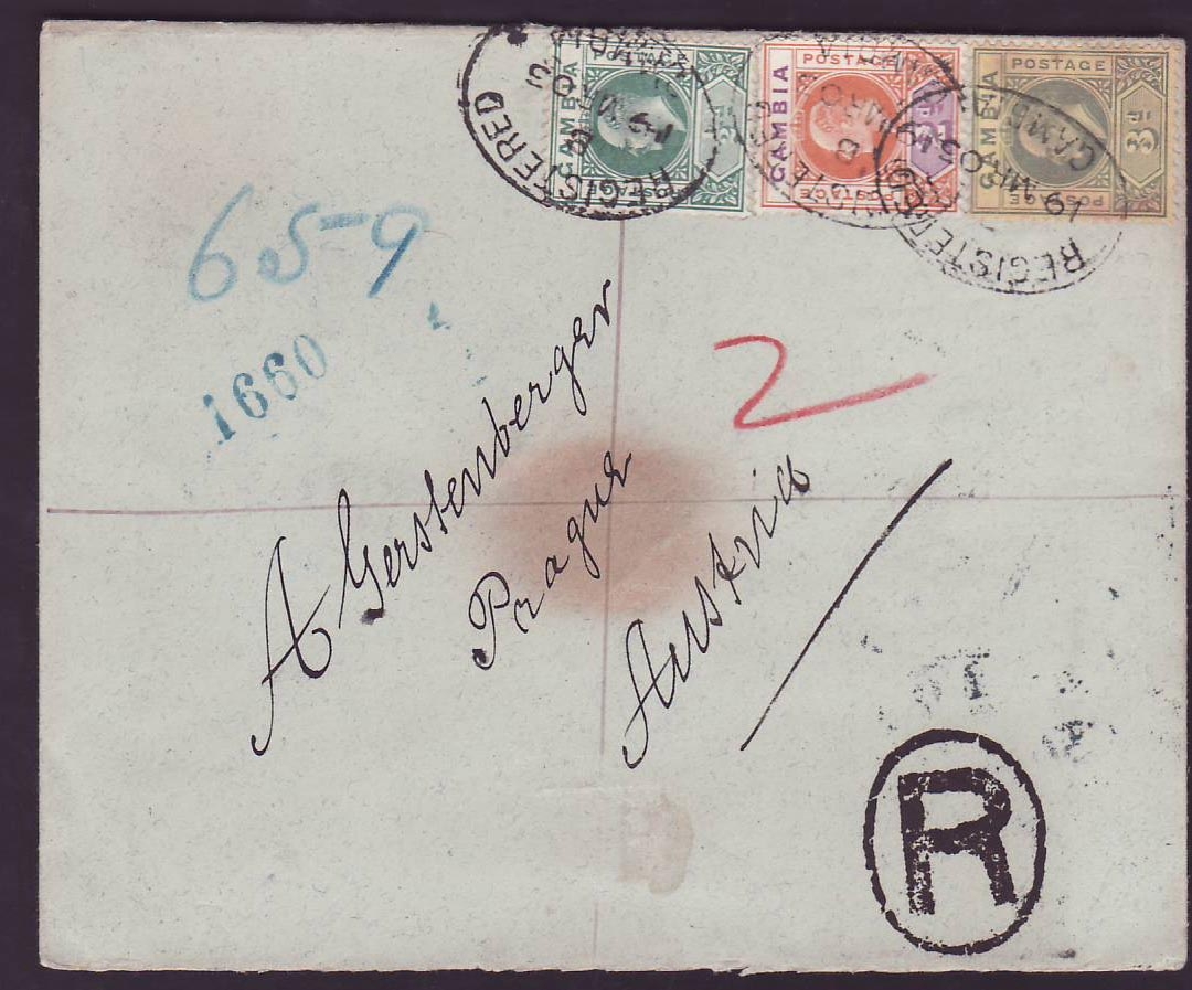 Gambia Gambie EVI 1/2d + 2d + 3d issued canc MAR 05 for Prague  Austria
