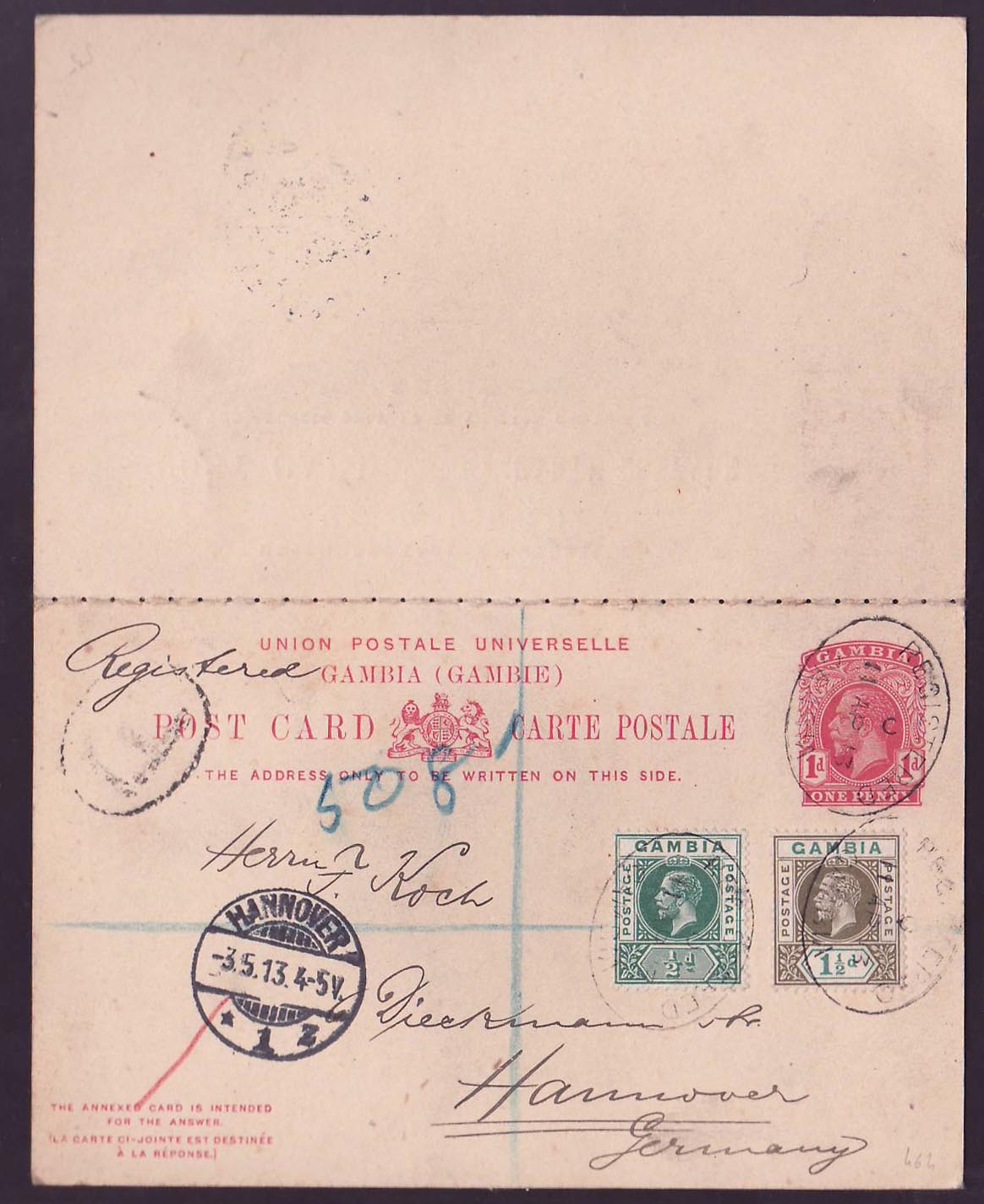 Gambia Gambie Postal stationary 1d+ 1/2d + 1 1/2d for Hannover  Germany  can 3 5 13 