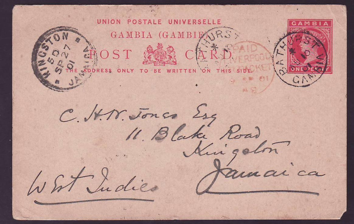 Gambia Gambie 1p Postal stationary canc Bathurst 01 for Kingston  Jamaica
