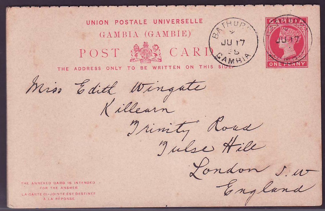 Gambia Gambie 1p Postal stationary canc Bathurst 1898 for London   England