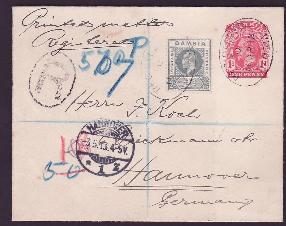 Gambia Gambie 1p Postal stationary + 2d GV value can AP 13 for Hannover  Germany