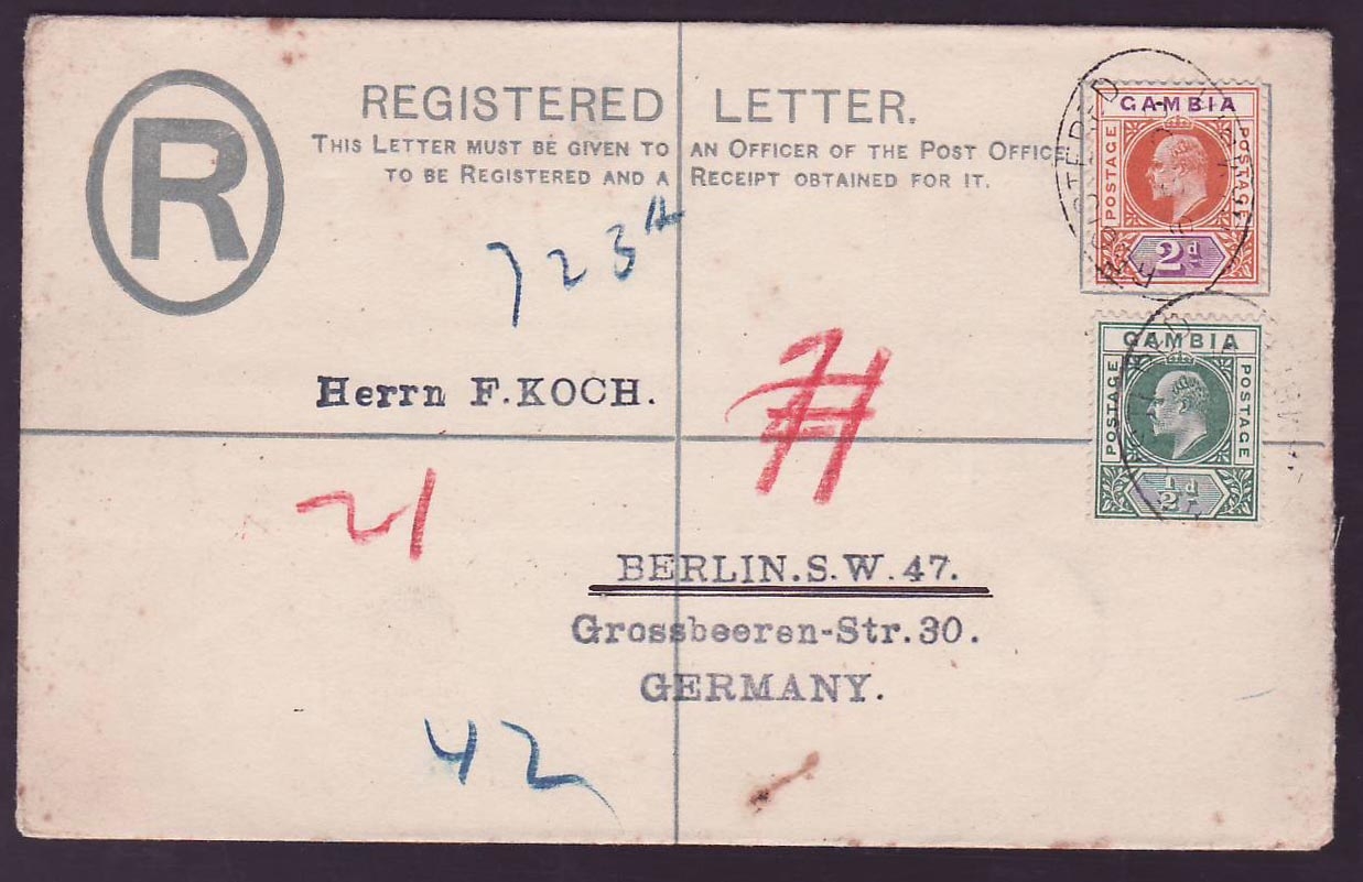 Gambia Gambie Registered letter with 2d + 1/2d values for Berlin  Germany