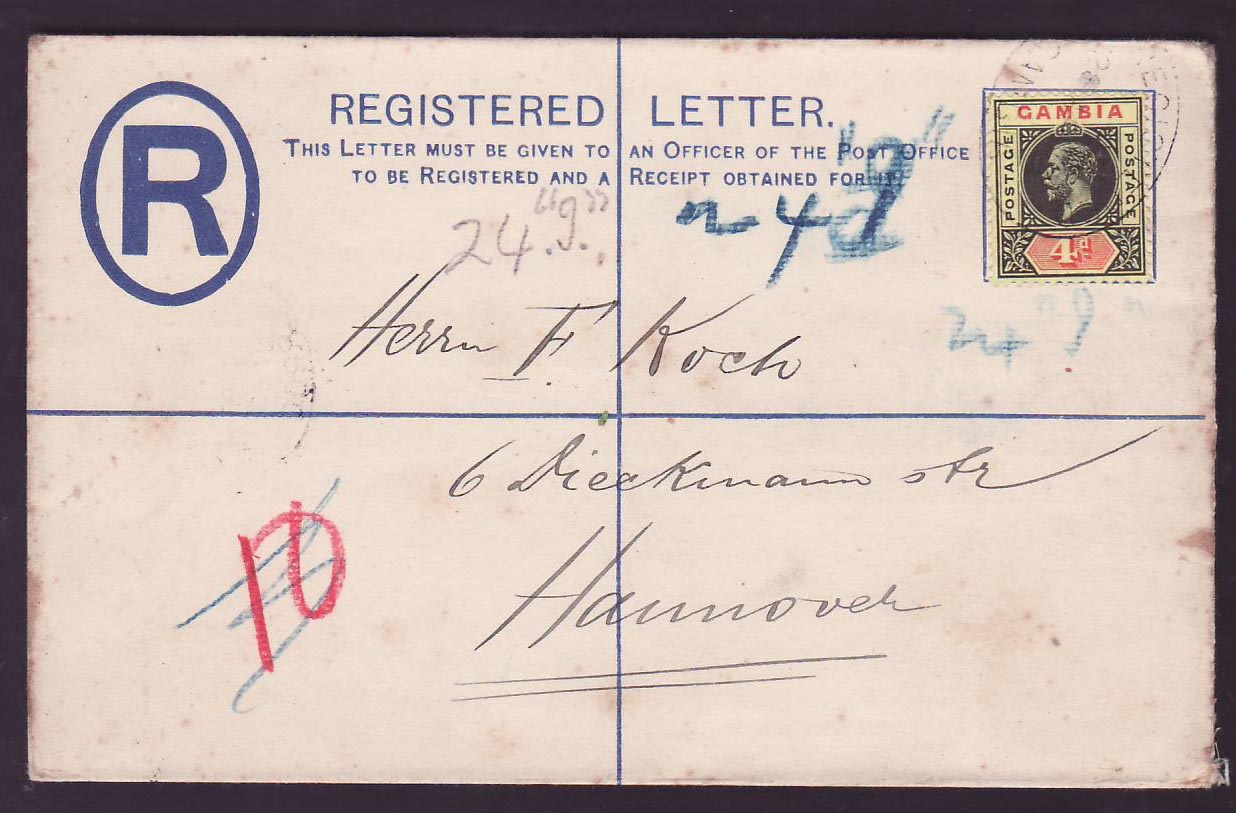 Gambia Gambie Registered letter with 4d value to Hannover  Germany  dated 1913