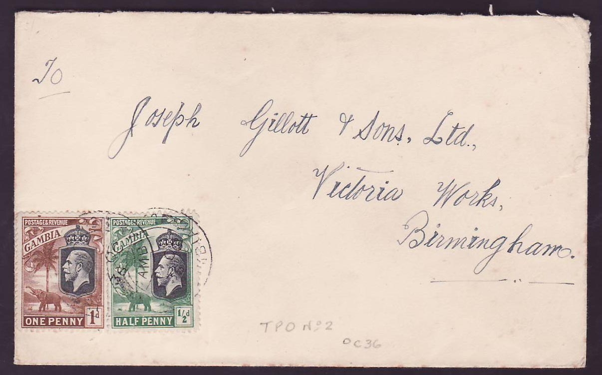 Gambia Gambie 1d + 1/2d Elephant values canc TPO #2 OC 36 for Birmingham  England