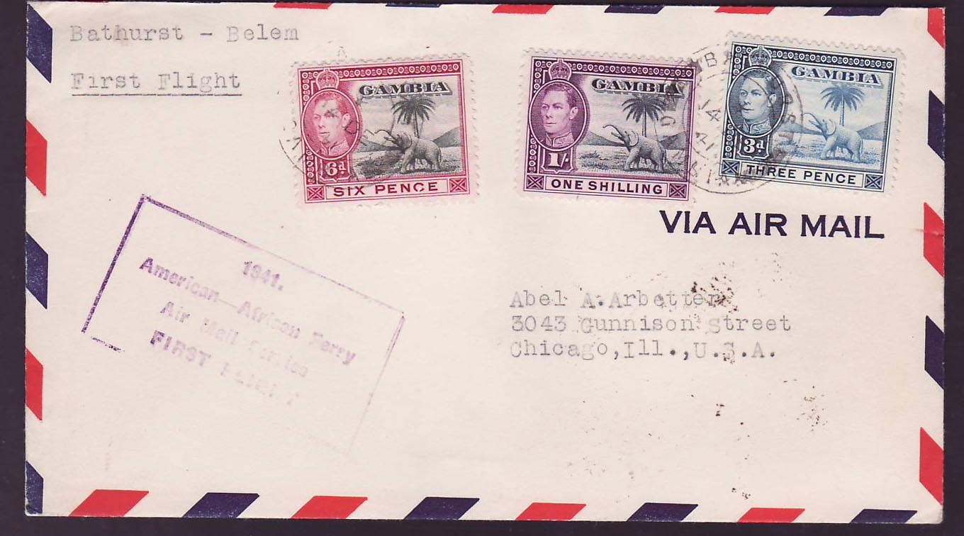 Gambia Gambie Elephant Values with 1941 American African Ferry Air Mail service First Flight to Chicago USA
