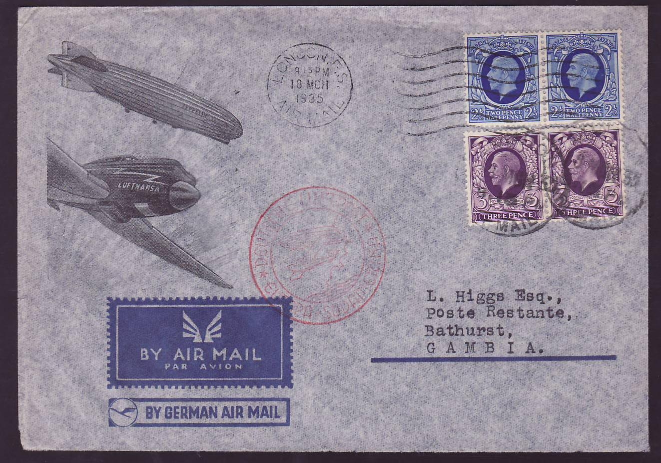 Gambia Gambie Zeppelin cover dated MAR 35 London  for Gambia  RARE