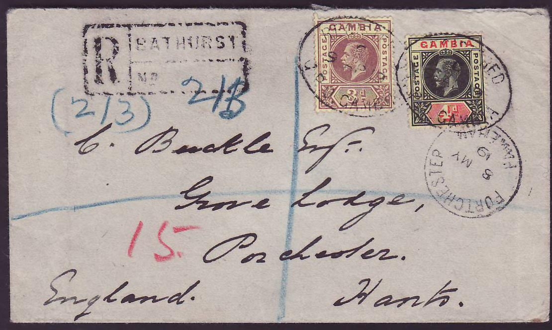 Gambia Gambie Registered with 7d franking (2d + 5d) can MY 19 for Porchester  England
