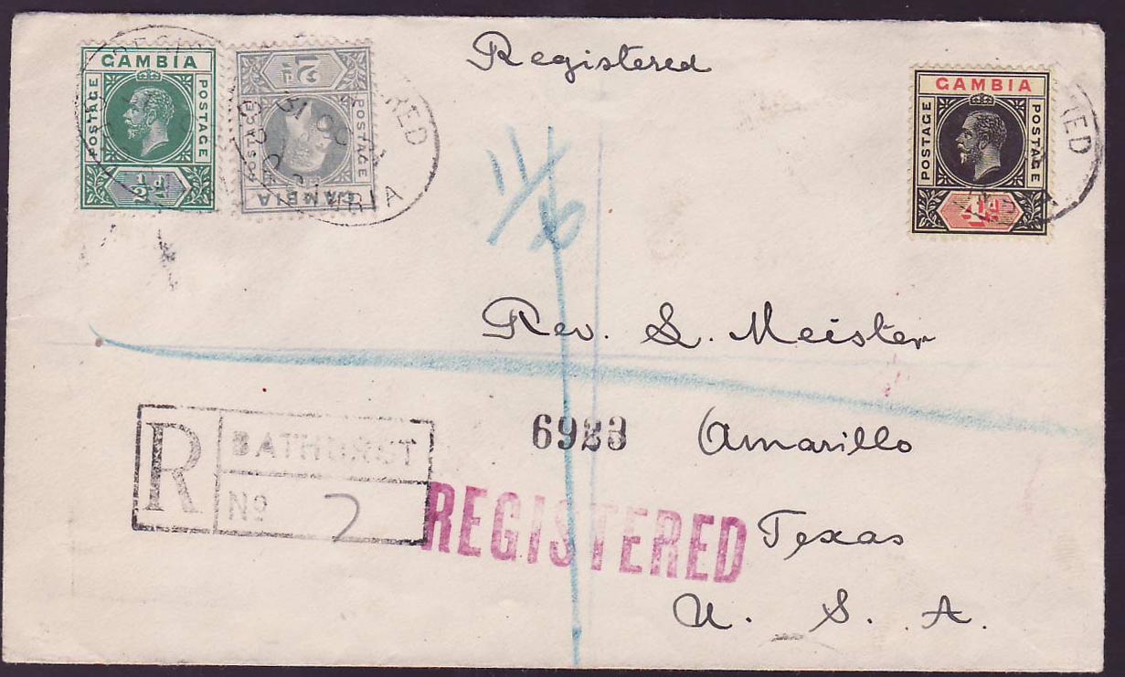 Gambia Gambie 1921 OC 31 registered cover addressed to Amavillo USA with 1/2d + 2d+ 4d stamps and Registered GPO cds