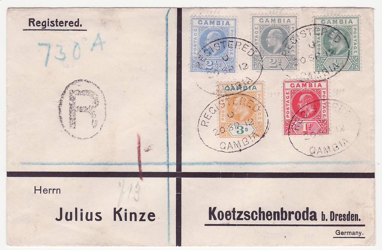Gambia Gambie Cover with EVII values including RARE 3s value to Dresden  Germany  canc SEP 12 and Kotschenbroda