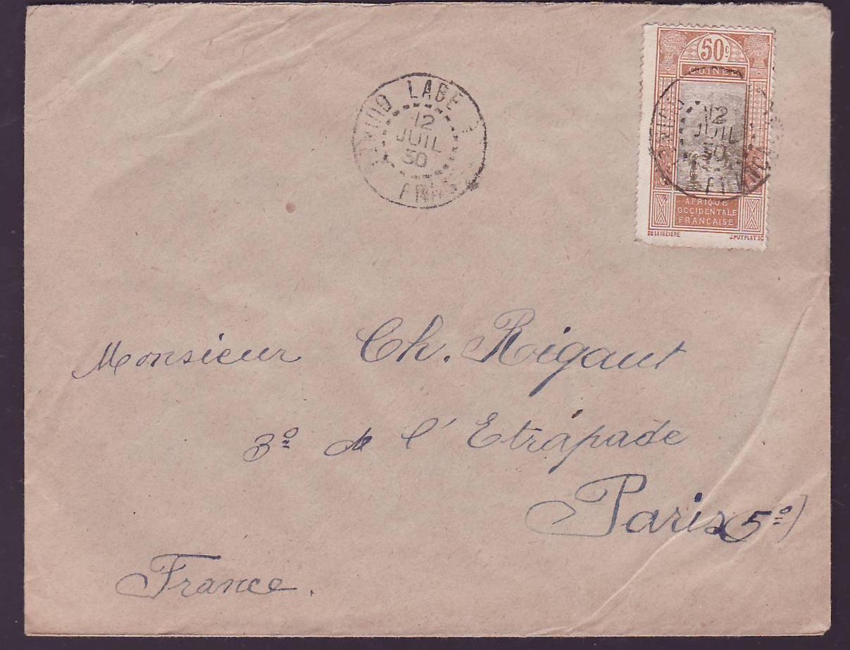 Guinee Lettre 50c Gue de Kitim seul cad Labe 12 JUI 30 pour Paris  France