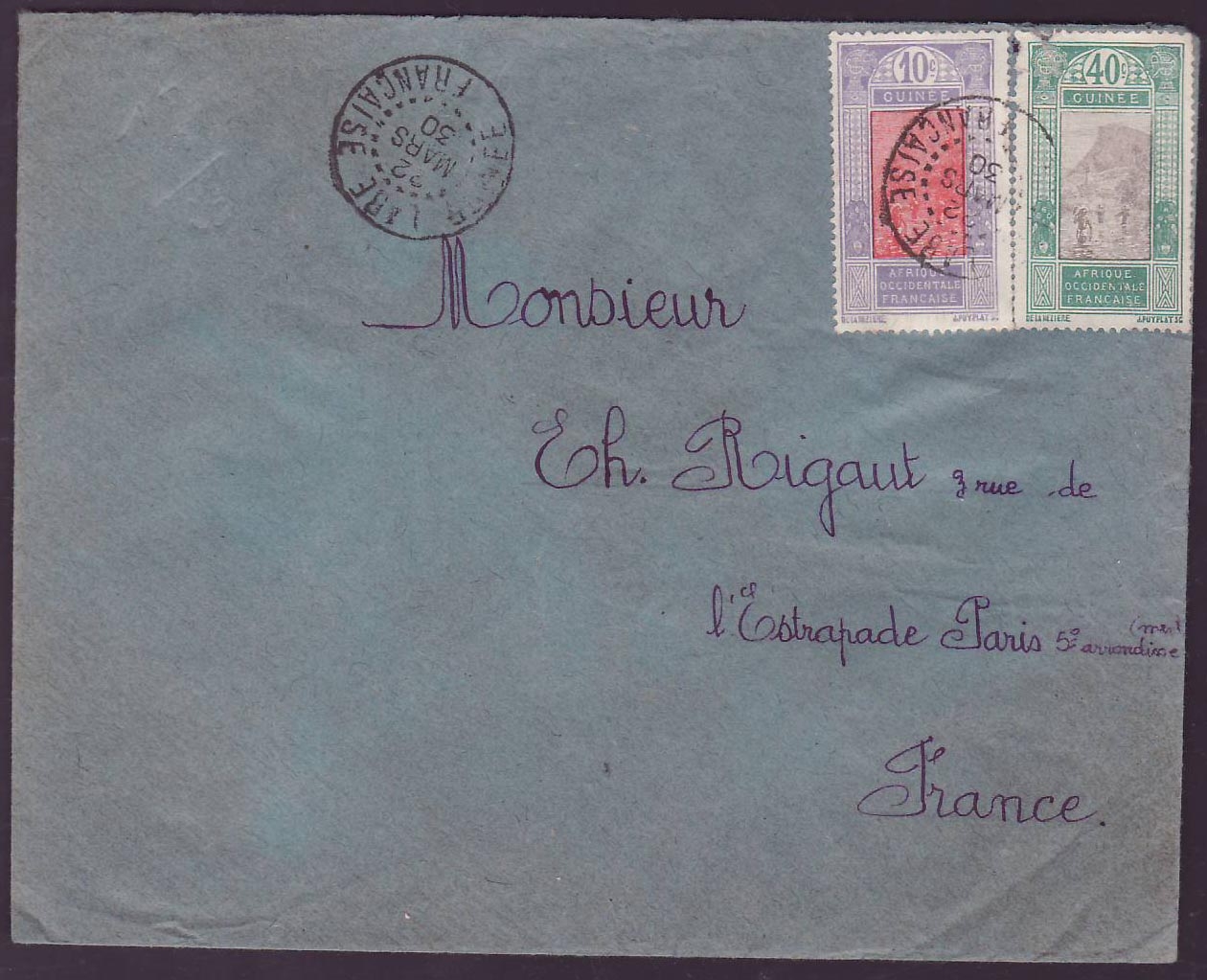 Guinee Lettre 10c + 40c cad Labe MARS 30 pour Paris France