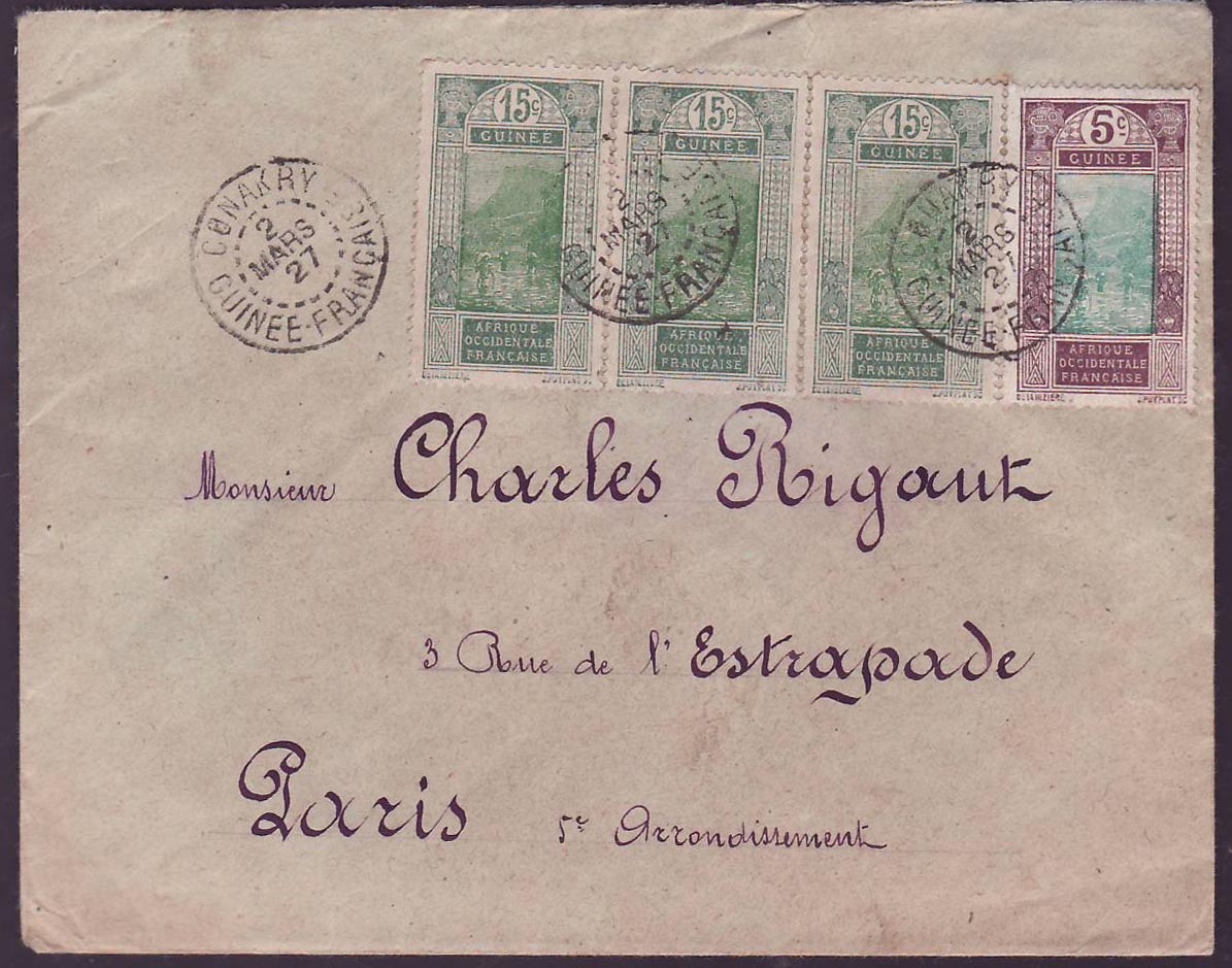 Guinee Lettre 5c + 3*15c Gue de Kitim cad Conakry MARS 27 pour Paris France