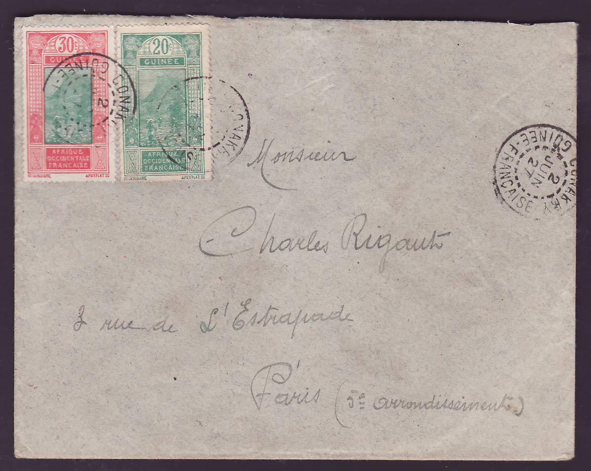 Guinee Lettre 20c + 30c Gue de Kitim cad Conakry JUIN 27 pour Paris France