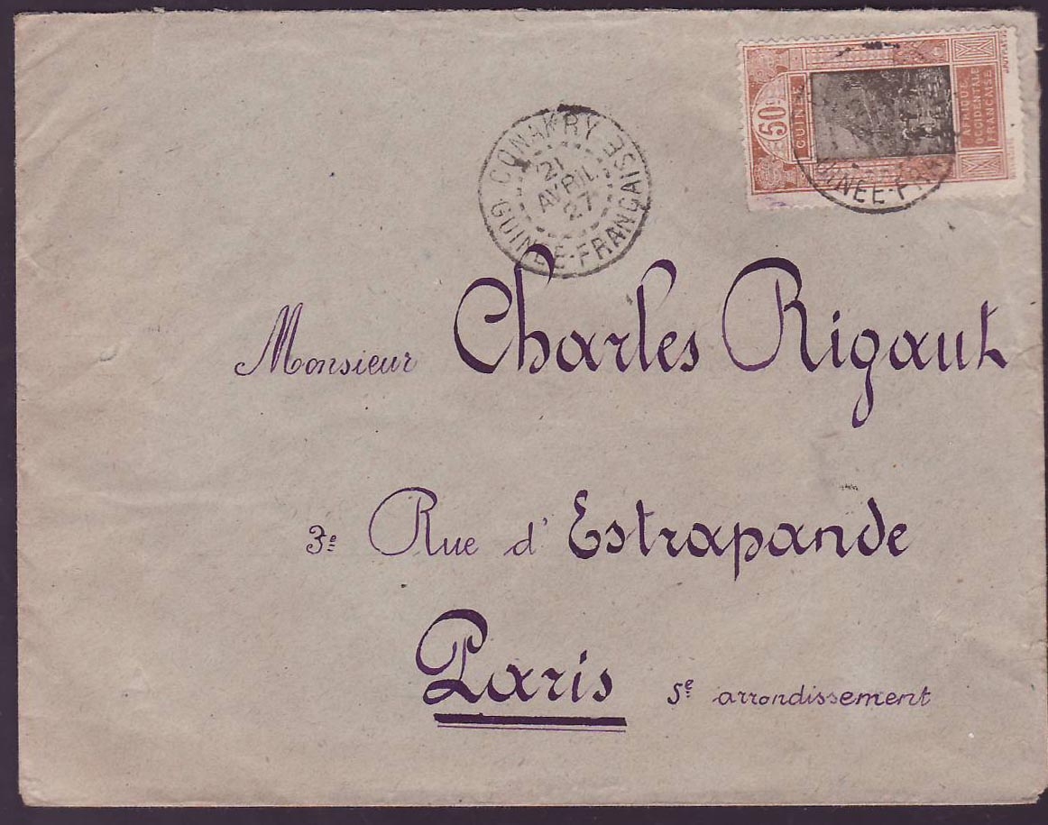 Guinee Lettre avec 50c Gue de Kiitim seul cad AVRIL 27 pour Paris France