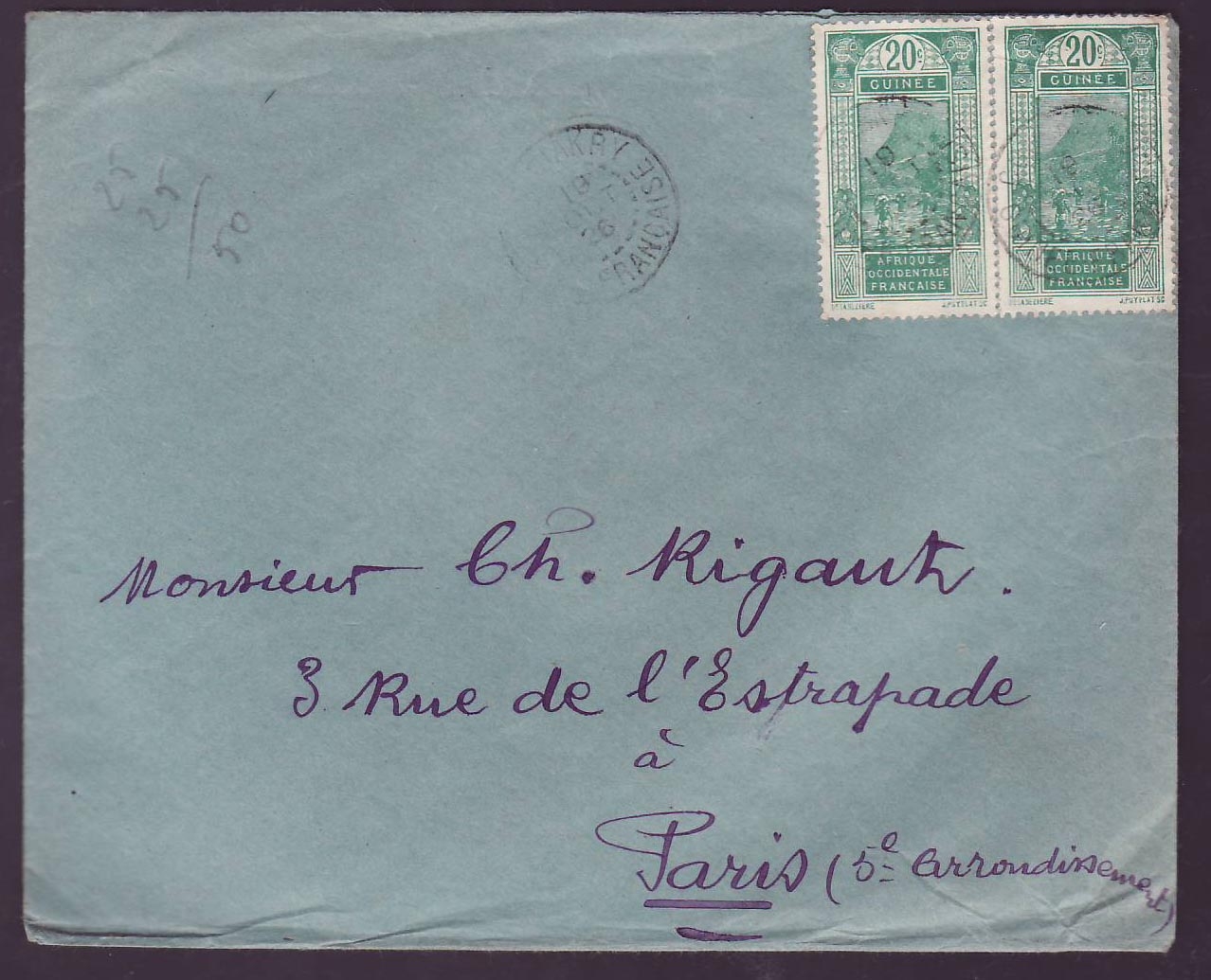 Guinee Lettre 2*20c Gue de Kitim cad Conakry 1926 pour Paris France