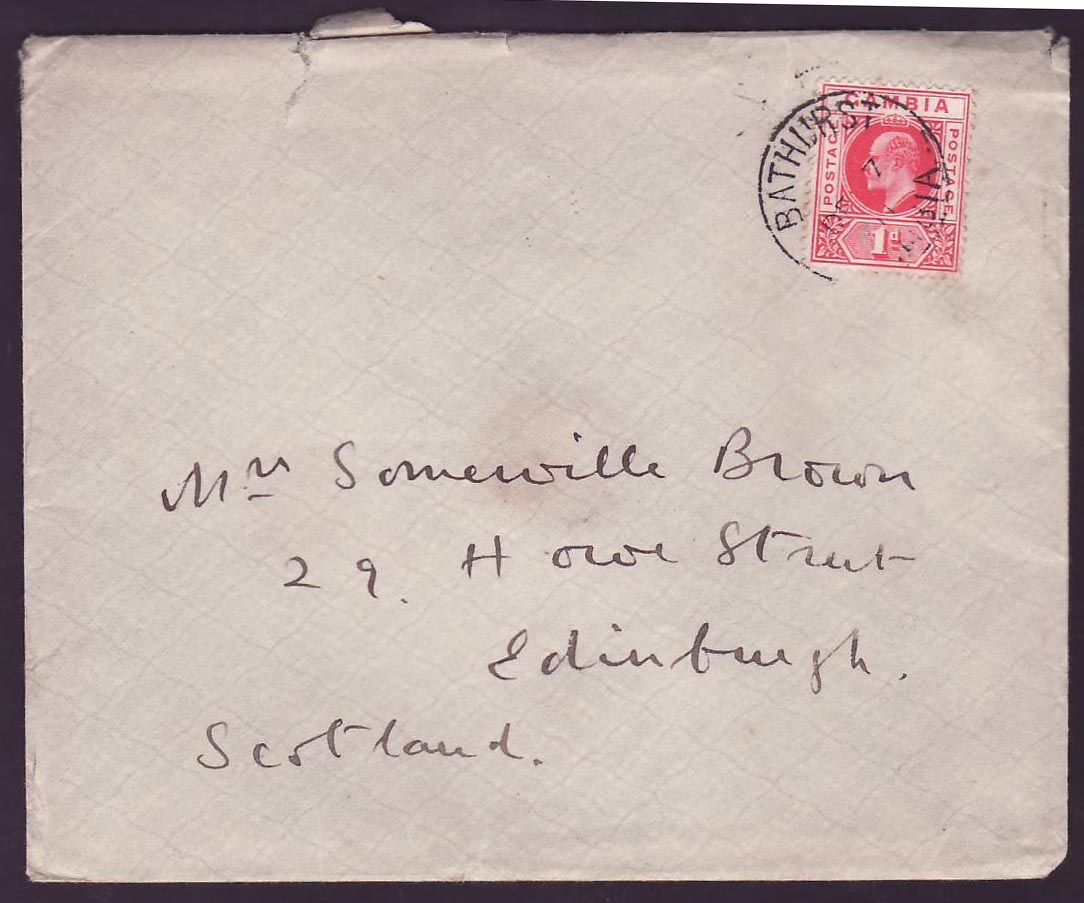 Gambia Gambie 1d EVII on cover to Edinburgh  Scotland  Bathurst DE 7 11 cds