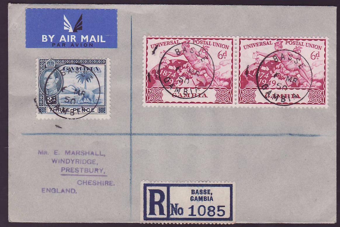 Gambia Gambie BASSE  (small office) on cover with UPU issues to Prestbury  England  MR 50 cds