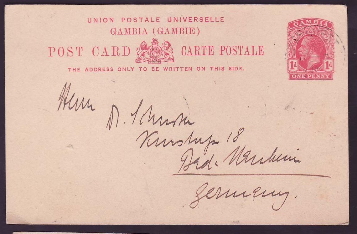 Gambia Gambie 1d postal stationary to Bad Manheim  Germany  1911 cds