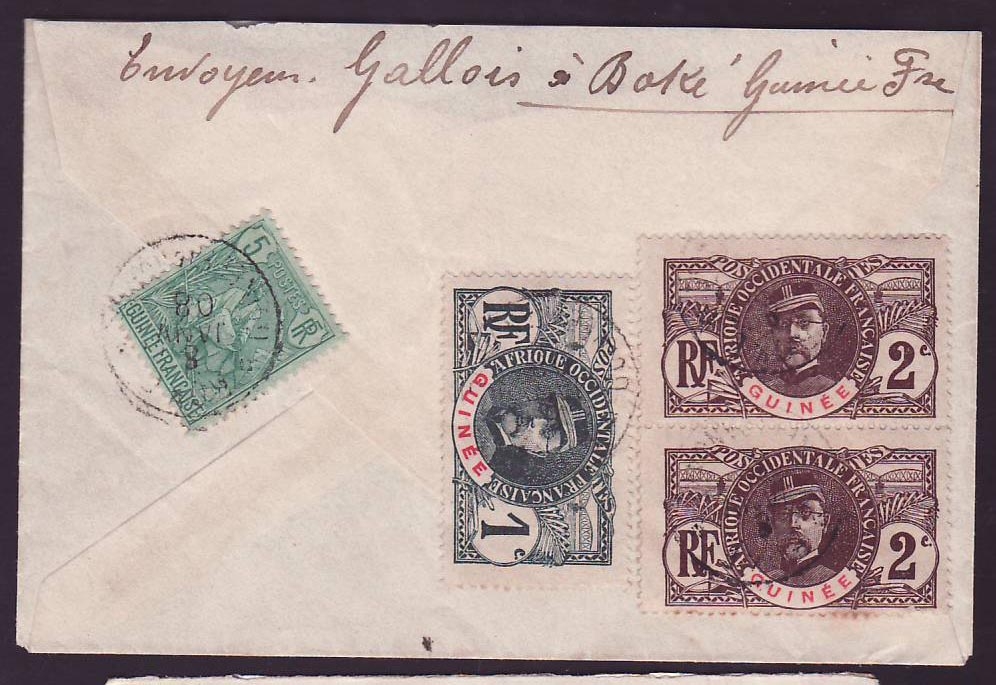 Guinee Lettre avec affr composé Berger Pulas 5c + Ballay 2*2c + 1c pour Paris France cad 1908 Rare