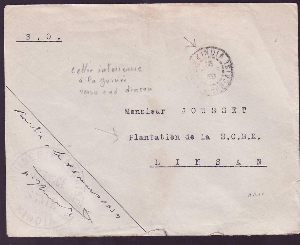 Guinee Lettre en Franchise Militaire avec cachet RARE Kindia 39 pour Linfsan
