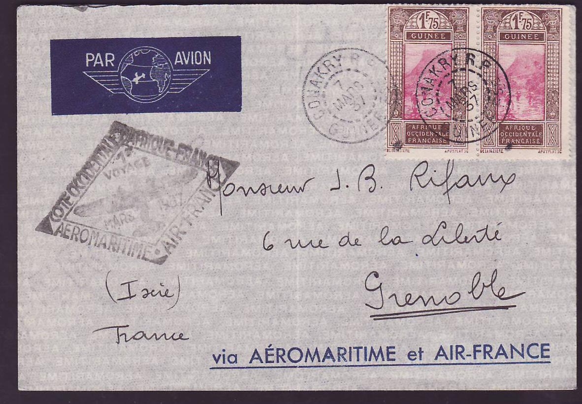 Guinee Lettre avec 1er Vol MARS 37 cad Conakry pour Grenoble France