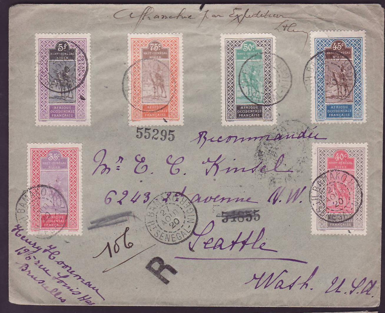 Haut Senegal & Niger Lettre avec diverses valeurs Meharistes Chameau pour Seattle  USA  cad Bamako AOUT 20
