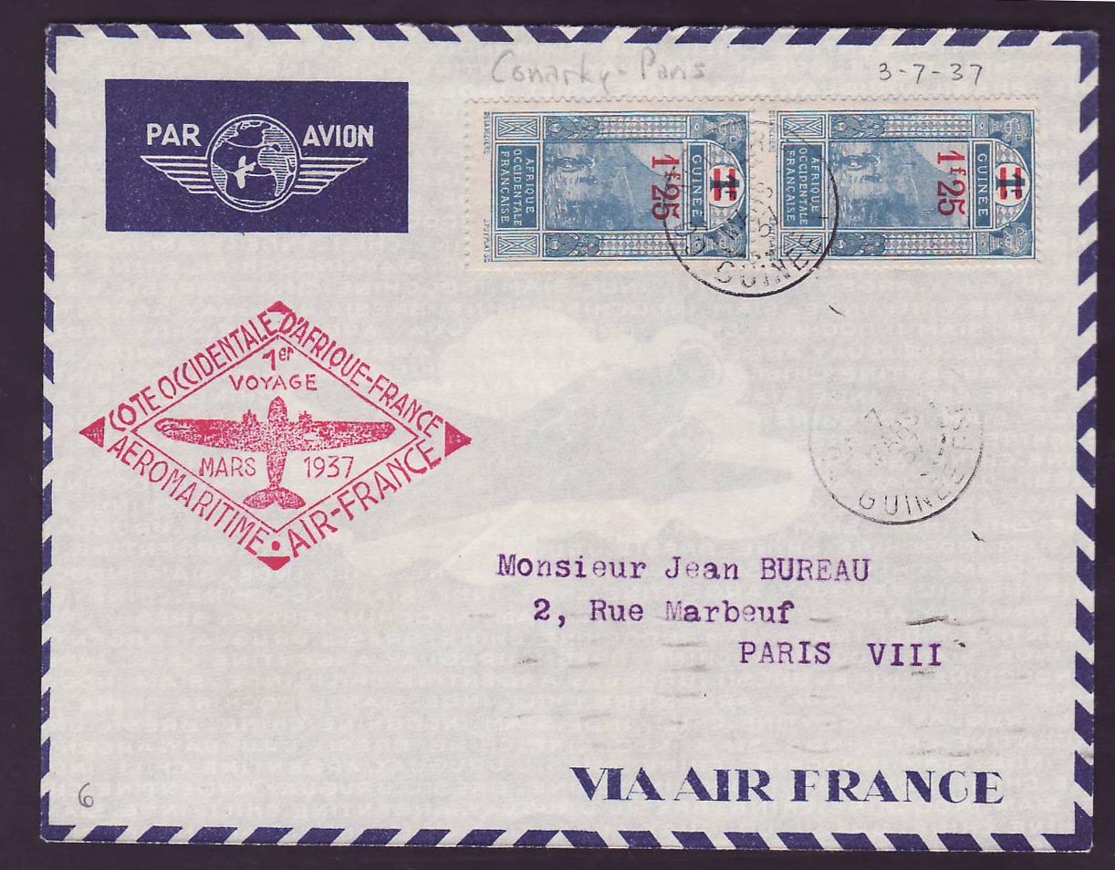 Guinee 1er Vol Conakry Paris 3 7 37 cad Conakry