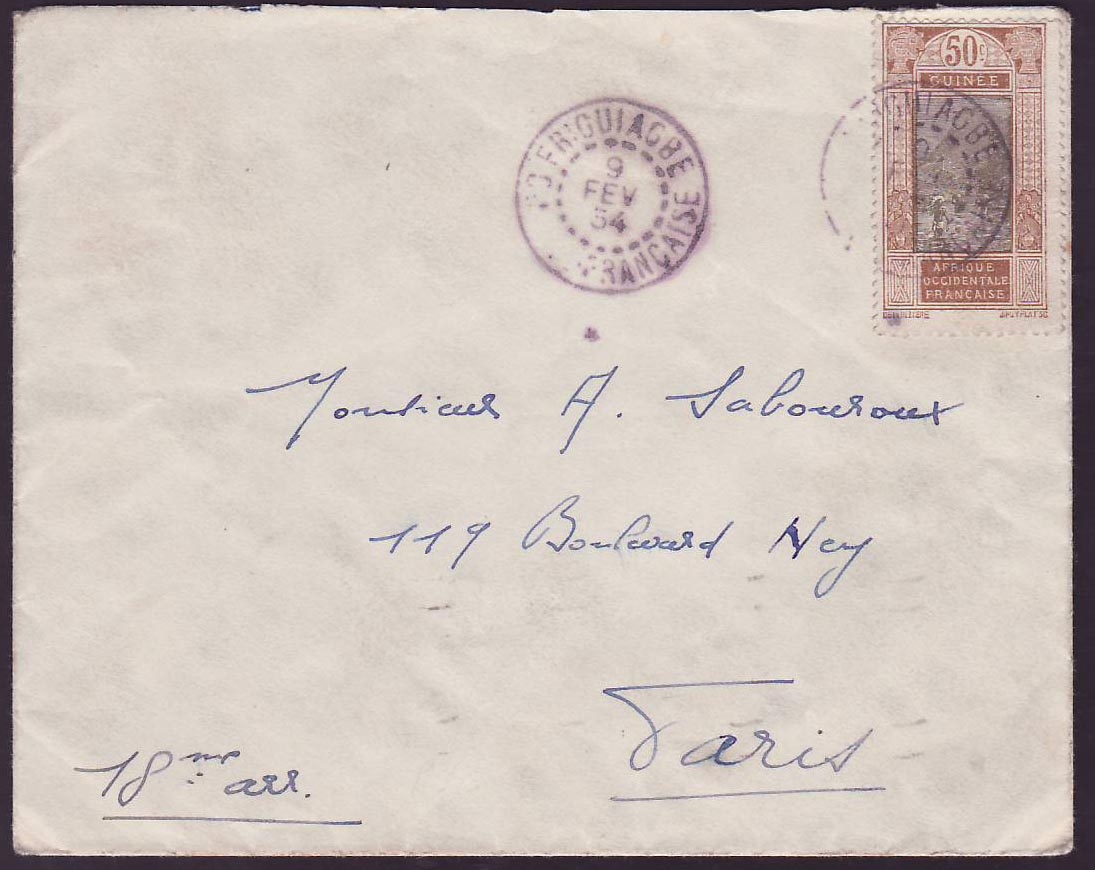 Guinee 50c Gue de Kitim seul sur lettre Frigouiagbe cad FEV 34 pour Paris France