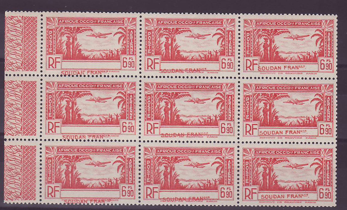 Soudan 6F90 Poste Aerienne VARIETE SOUDAN décalé en bloc de 9 bord de feuille ** Neuf sans charniere SUP Rare