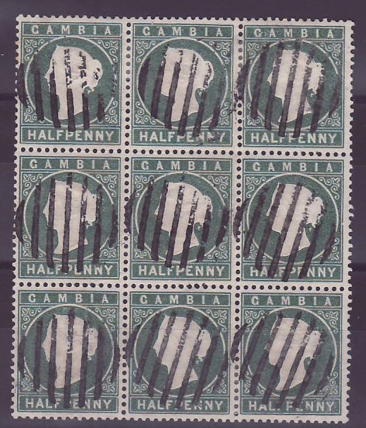 Gambia Gambie SG21 1/2d impressive block of 9 with barrel cancellation Superb