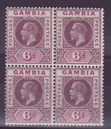 Gambia Gambie KGV 6d dull & bright purple ** u/m VARIETY Reversed watermark in blokc of 4 SG114x