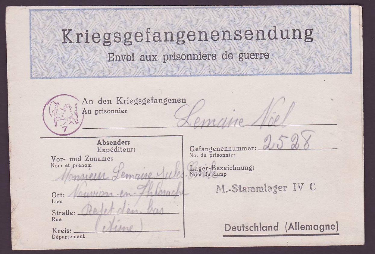 Kriegsgefangenensendung Envoi pour prisonniers de guerre pour Stammalger IV Militaria Lemaire Nouvion Rare Lion