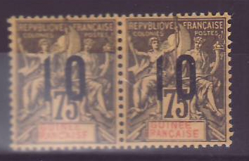 Guinee 75c n°54 paire avec chiffres espacees tenant a normal * (tir 386)