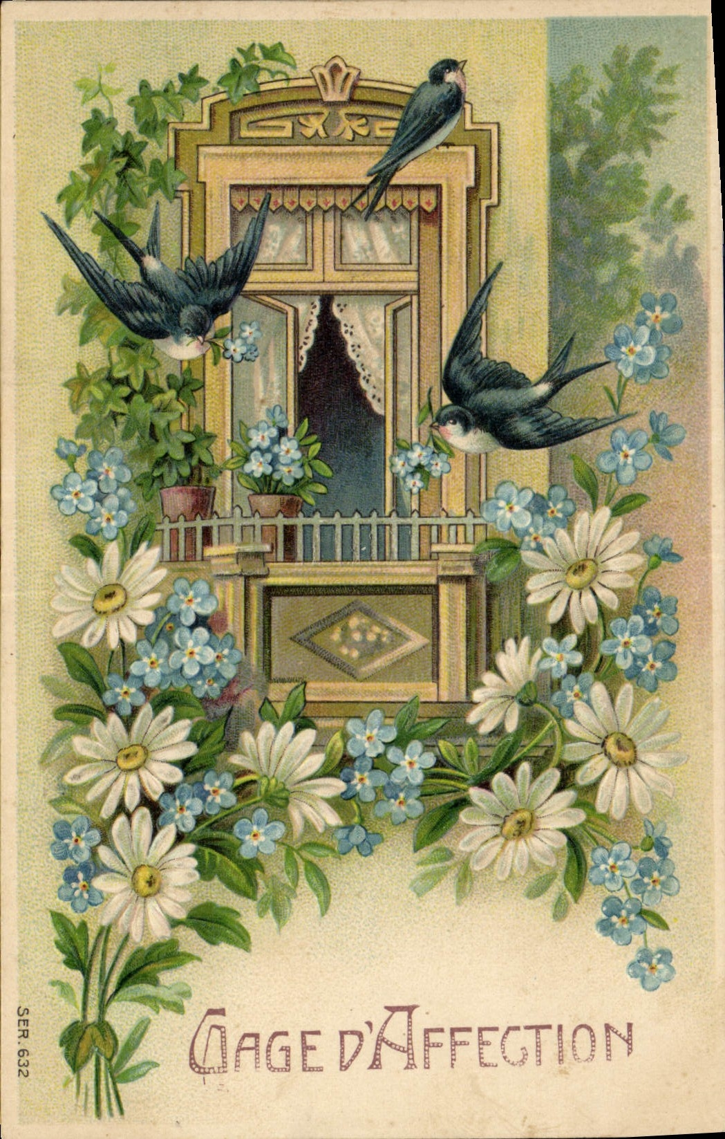 CPA Fantaisie Fleurs Hirondelles 