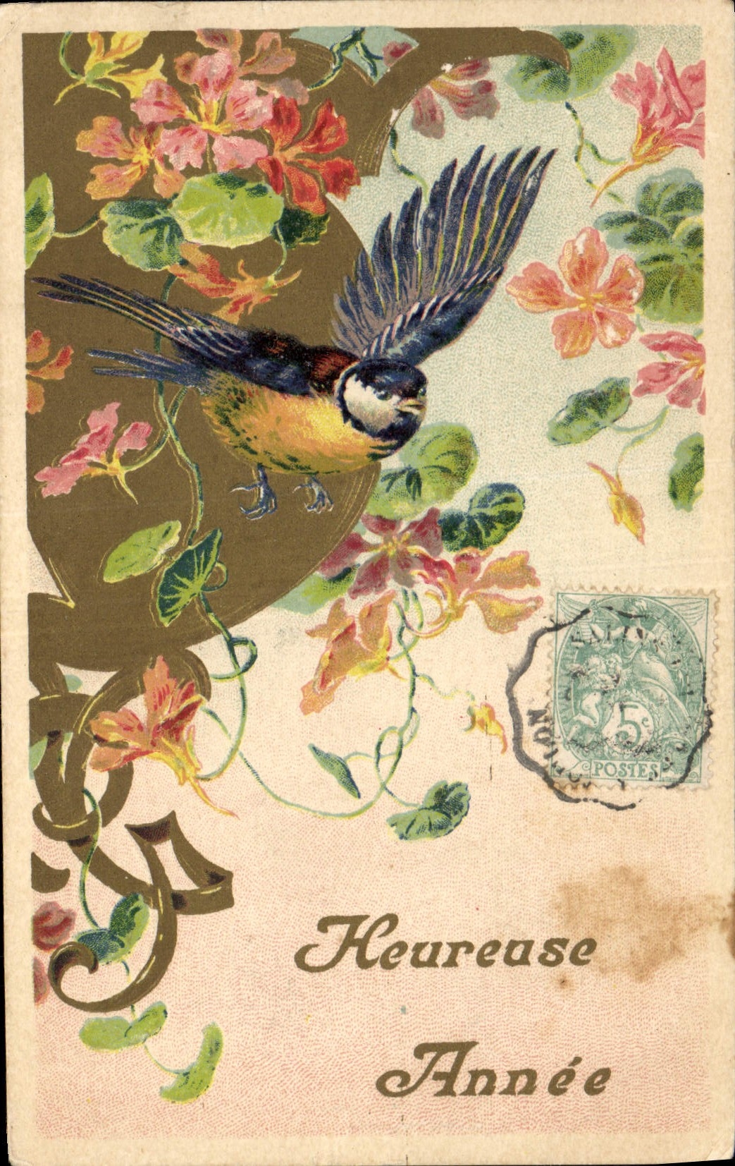 CPA Fantaisie Fleurs Oiseau 