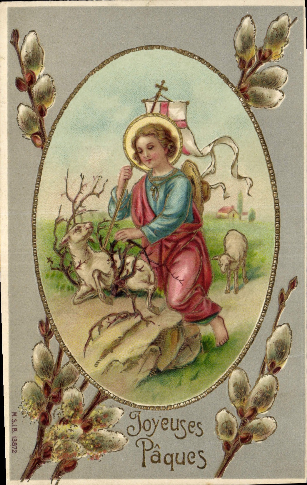 CPA Fantaisie Fleurs Enfant Agneau Paques 