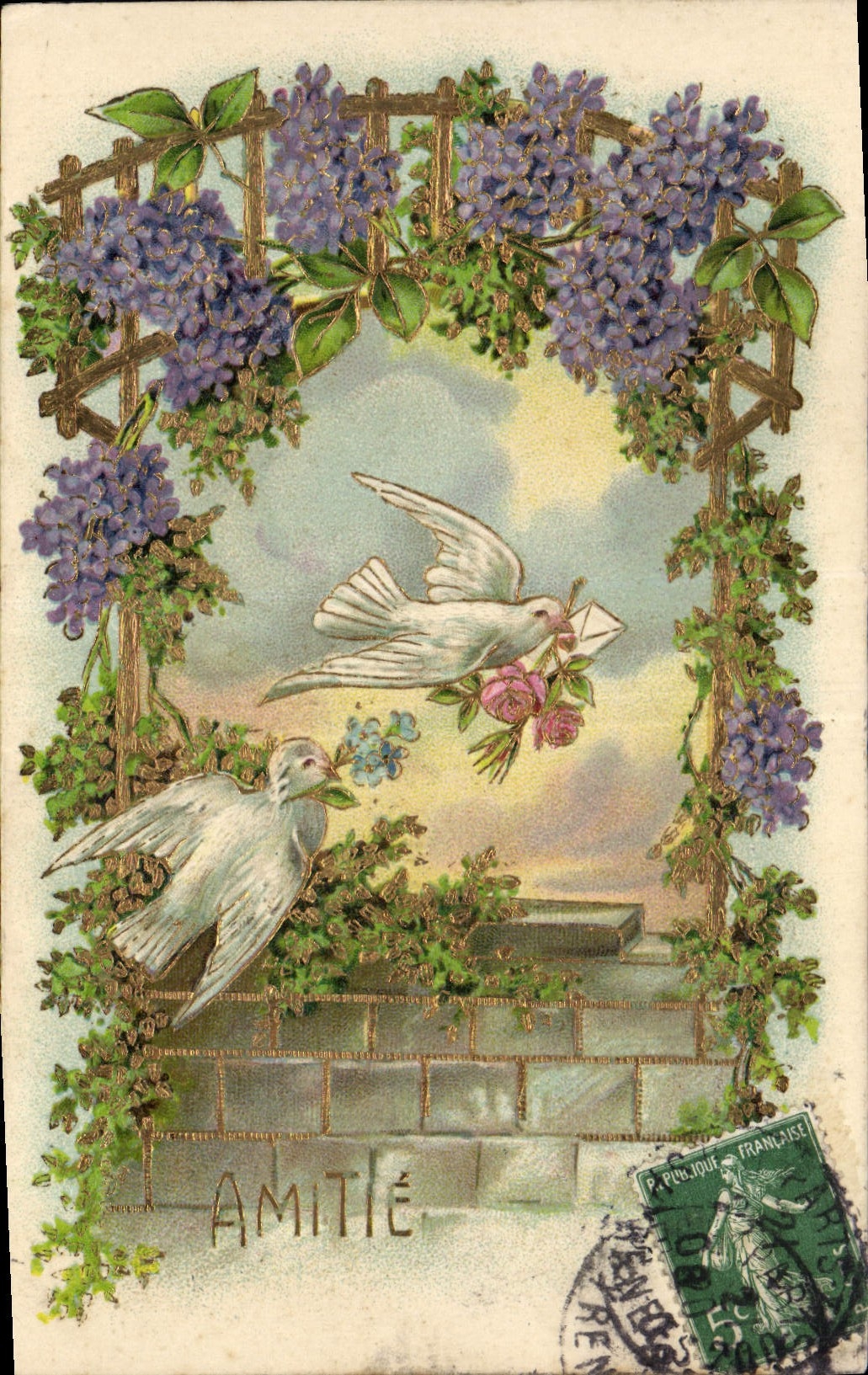Vintage Postcard Fantasy Flowers Doves Friendship