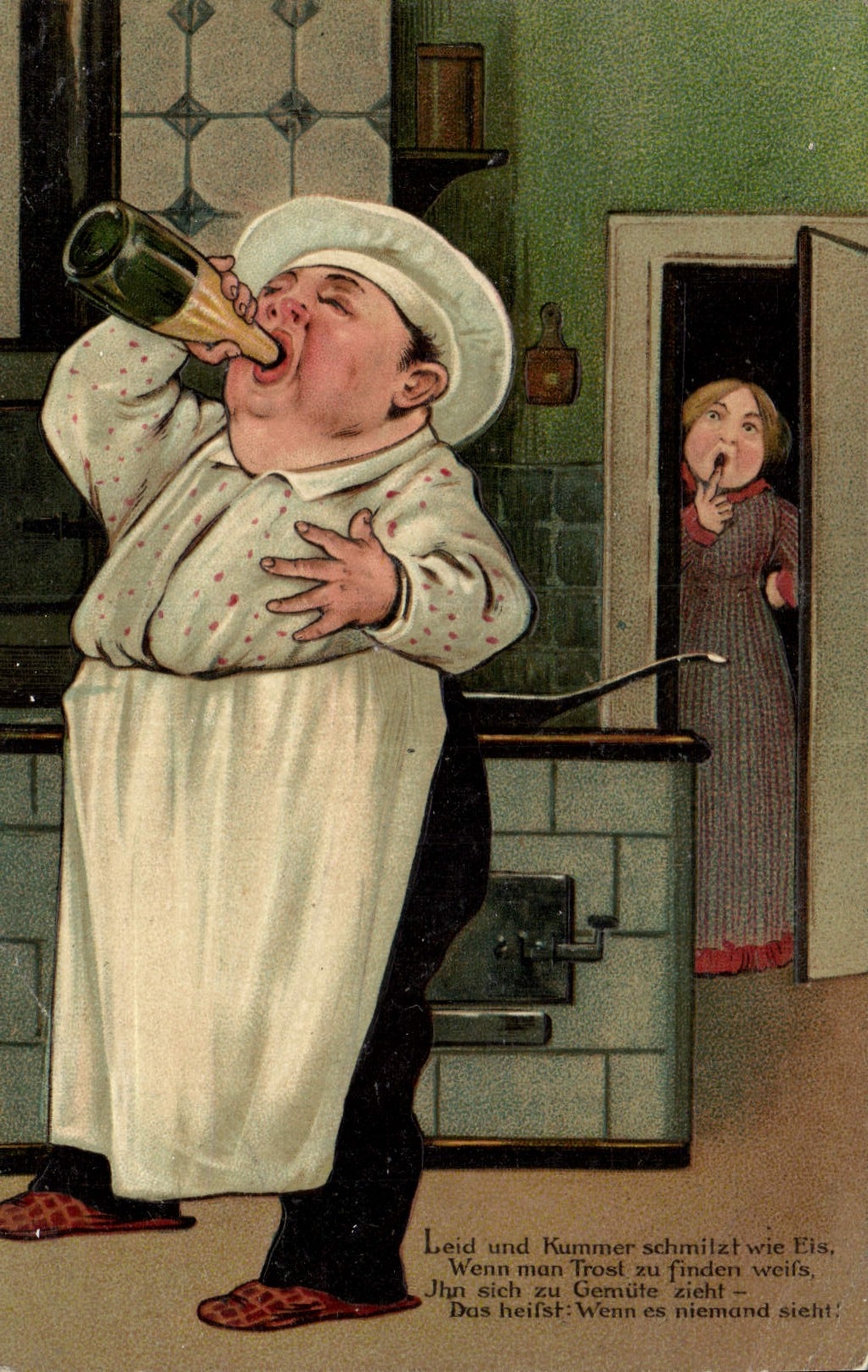 Vintage Postcard Fantasy Man drinking with the neck (in relief)