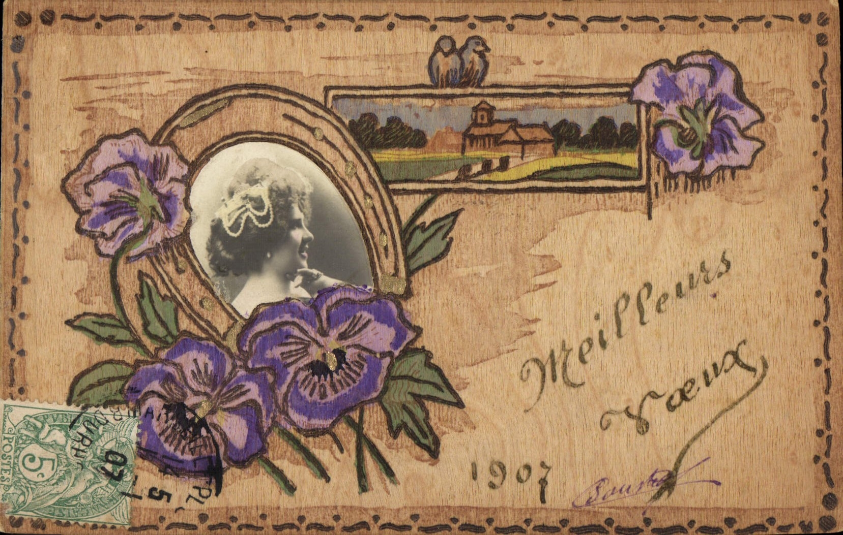 Vintage Postcard Fantaisie Woman Horseshoe (chart out of wooden)