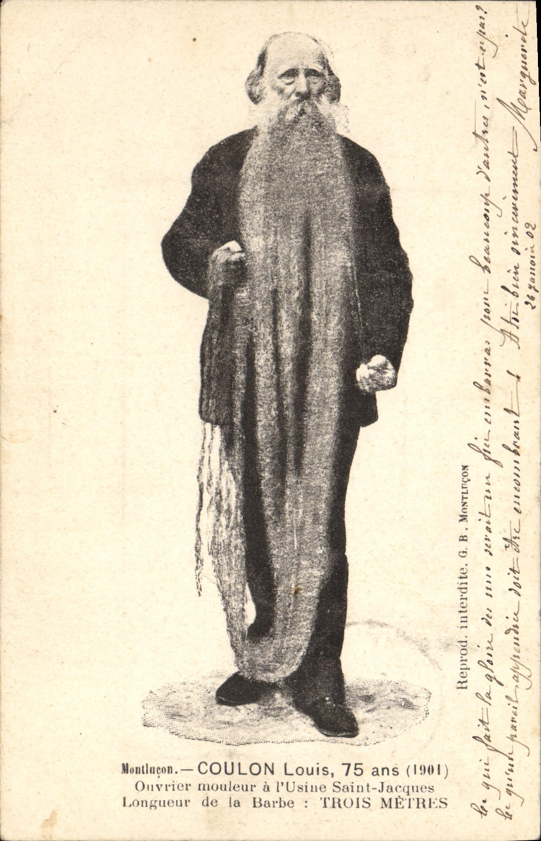 CPA Montlucon Coulon Louis Ouvrier mouleur a l'usine Saint Jacques Longeur de la la barbe Trois Metres Folklore 