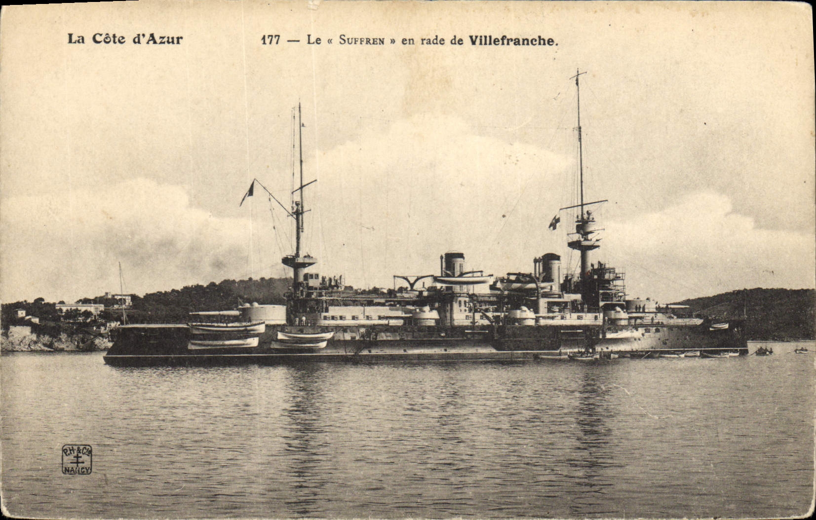 Vintage Postcard Warship Suffren in roads of Villefranche