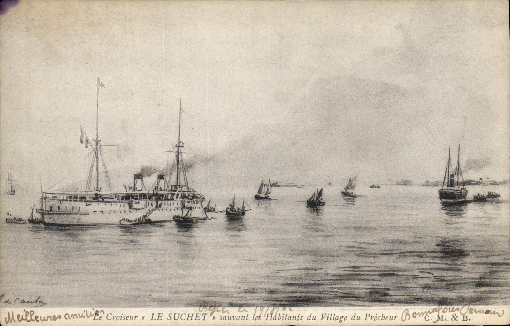 CPA Bateau de Guerre Le croiseur Le Suchet sauvant les habitants du village de Precheur 