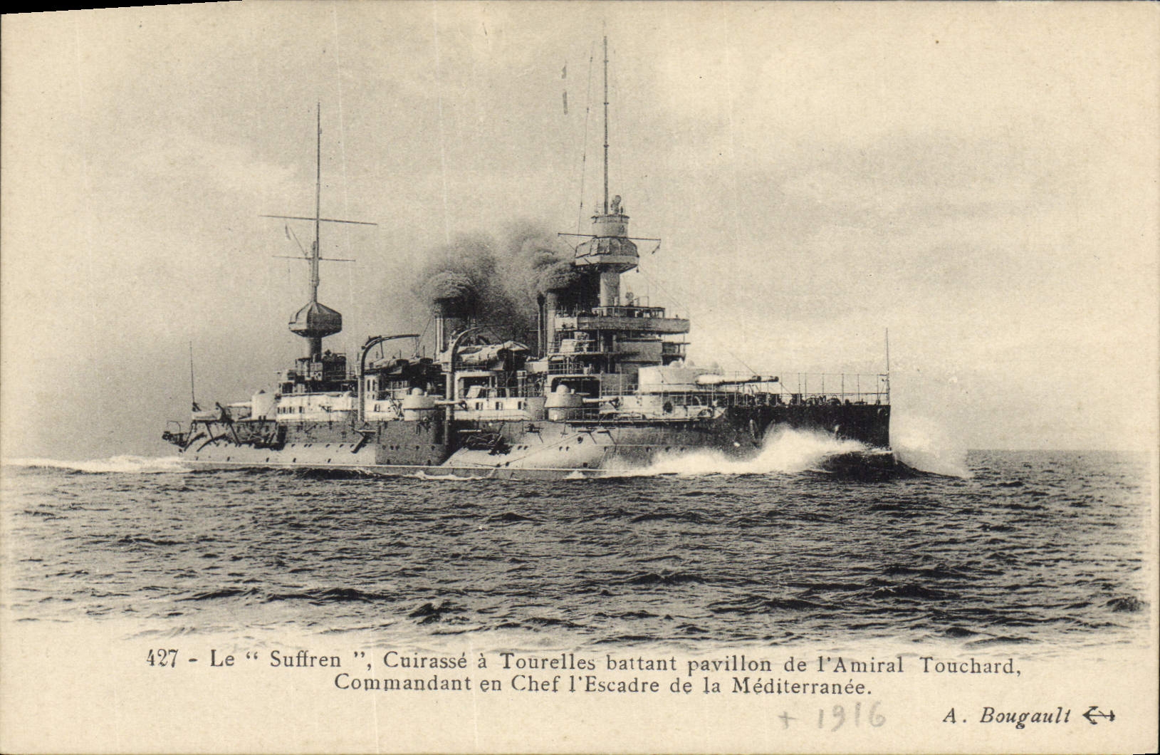 Vintage Postcard Warship Suffren Cuirasse has in chief turrets beating house of the admiral Touchard Ordering squadron of the Mediterranean